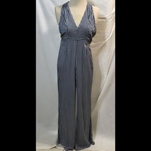 Urban Outfitters Blue & White Striped V-neck Halter Jumpsuit